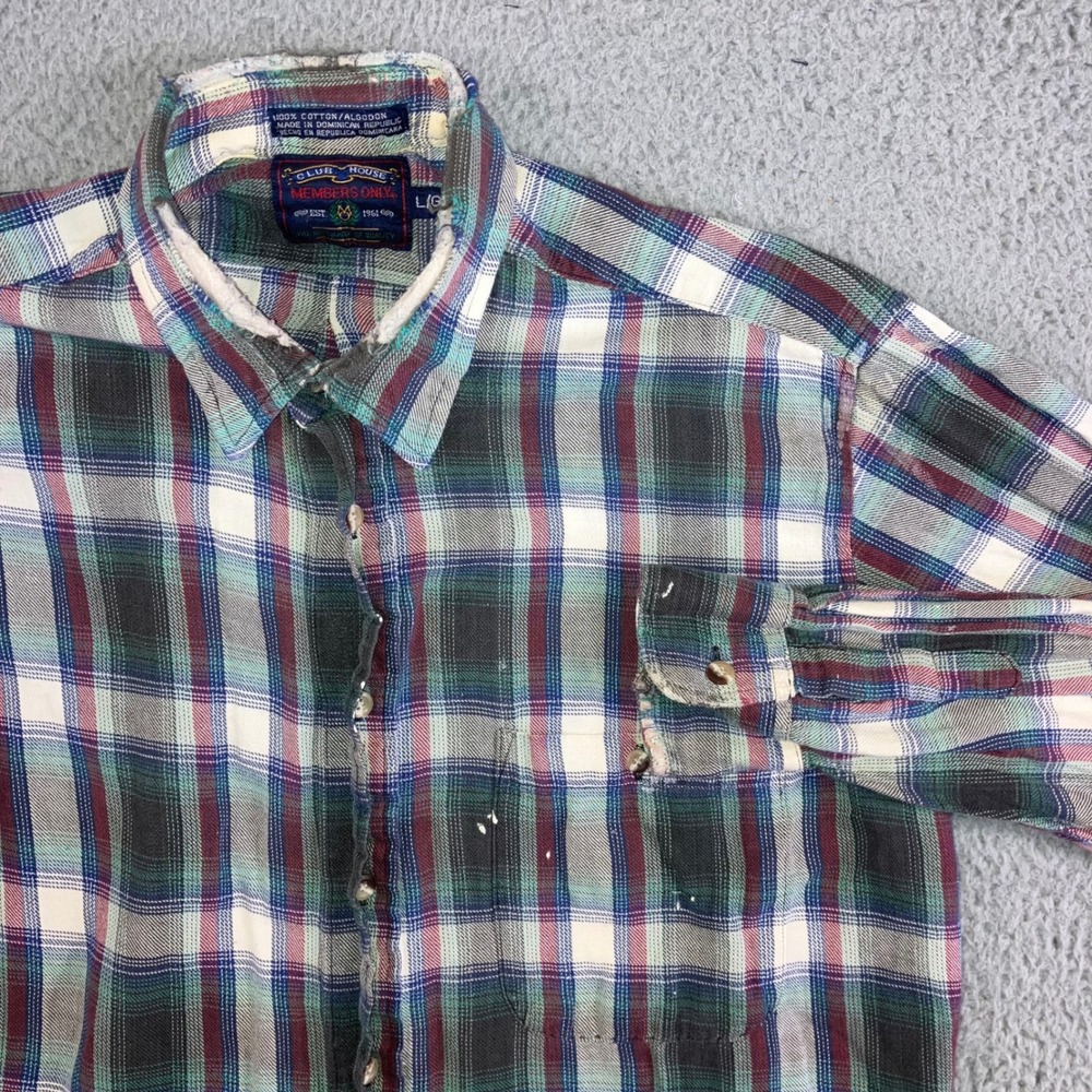 Vintage Members Only Button Up Shirt Men L Plaid Distressed Thrashed 80s Flannel